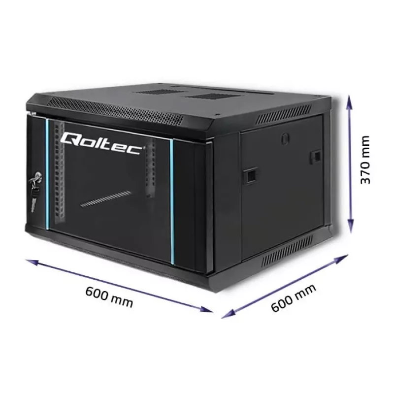 Qoltec 54465 19-palcová nástenná serverová skriňa 6U, 600 x 370 x 600 mm, dvere z tvrdeného skla, oceľ SPCC