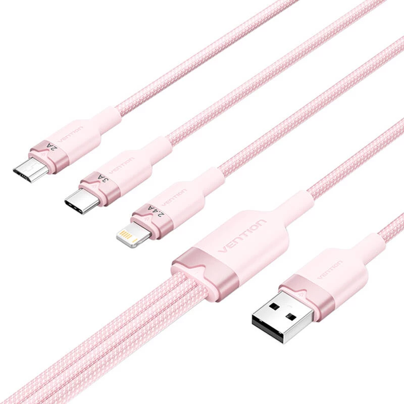 Kábel USB 2.0 A na 3in1 3A Vention CTPPG 1,5 m ružový