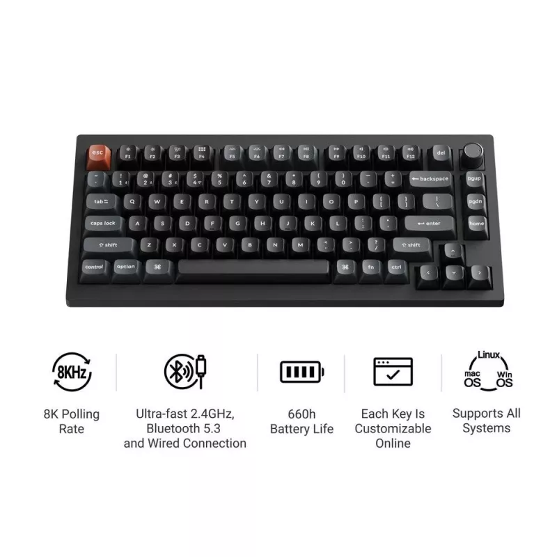 Mechanická klávesnica Keychron V1 Ultra 8K — 75 % QWERTY, Bluetooth, káblová, RGB, čierna