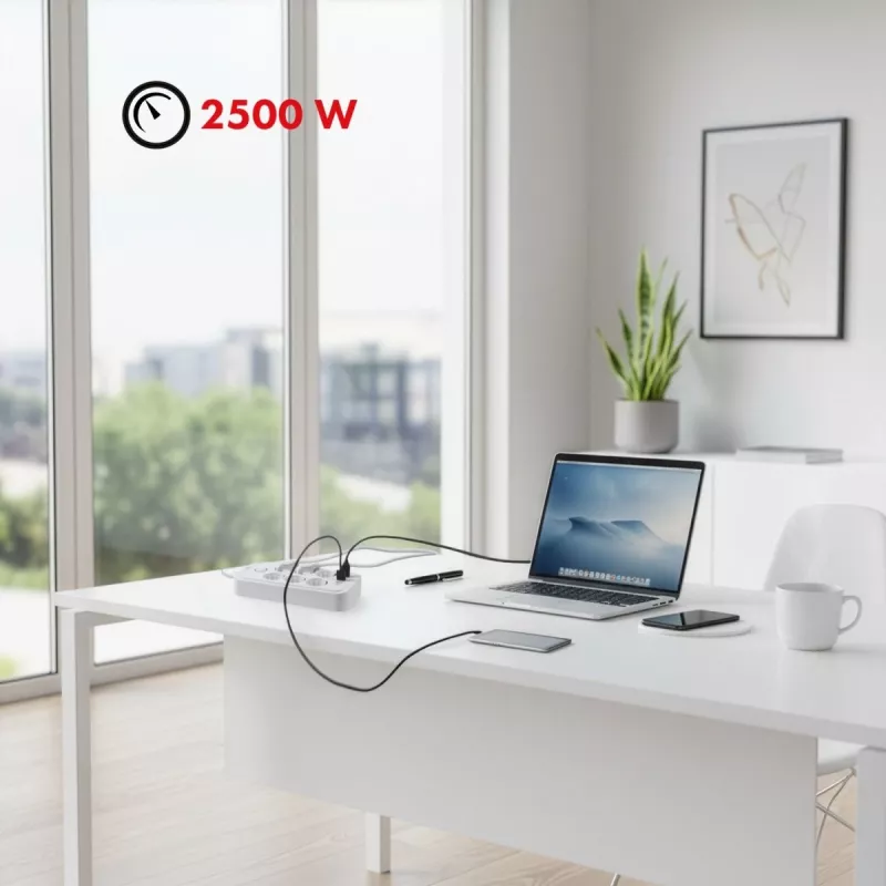 Predlžovacia zásuvka MACLEAN MCE389 W — 6 zásuviek, 4×USB-A, 1×USB-C, 2500W, 110–240V, 1,5 m kábel, biela