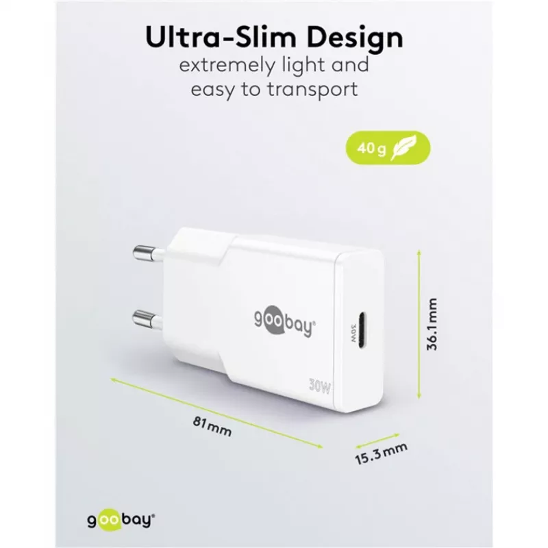 USB-C PD GaN slim rýchlonabíjačka (30 W) (biela)