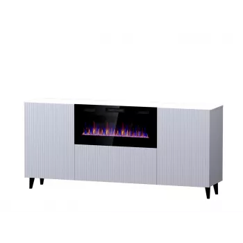 Komoda s elektrickým krbom Cama Meble PAFOS, 180 x 42 x 82 cm, biela matná, 1400–1600 W, bezúchytková, 3 dvere, 2 police