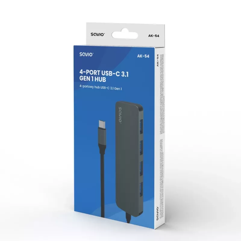 USB hub SAVIO AK-54 — 4 x USB-A (USB 3.2 Gen 1), USB-C host, čierny