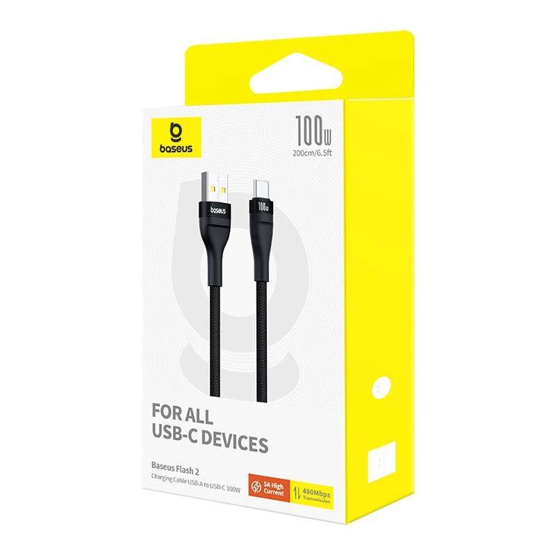 Baseus Flash 2 USB A na USB C rýchlonabíjací kábel 2 m 100 W čierny