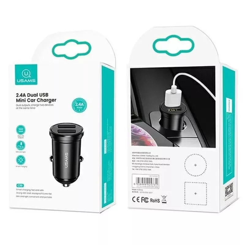 Autonabíjačka usams USA000867 — Dual USB 2×2,4A, čierna