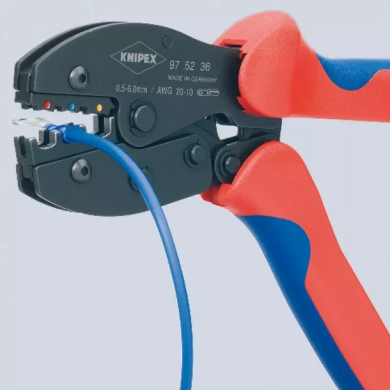 Knipex 97 52 36 PreciForce krimpovacie kliešte 220 mm, 0,5–6,0 mm², 3 krimpovacie hniezda, červené/modré