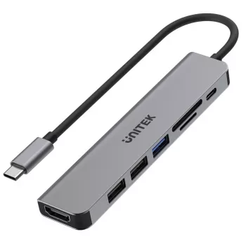 USB-C hub Unitek 7in1 hliník PD 100W 5 Gbps — multiport adaptér s Power Delivery