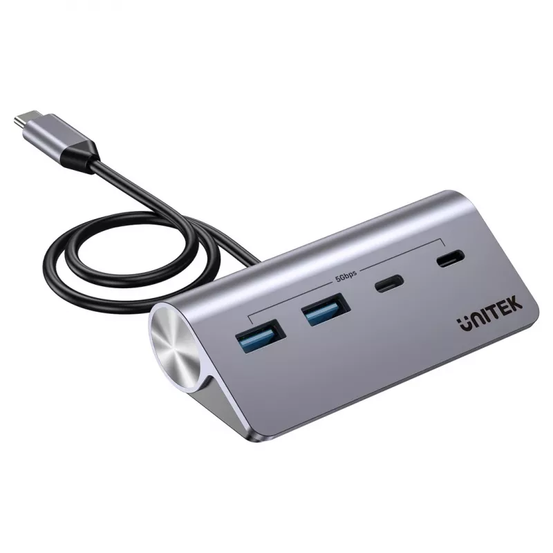 USB hub Unitek H1337AGY01 – 4 porty (2×USB-C, 2×USB-A), až do 5 Gbit/s na port, hliník, strieborný