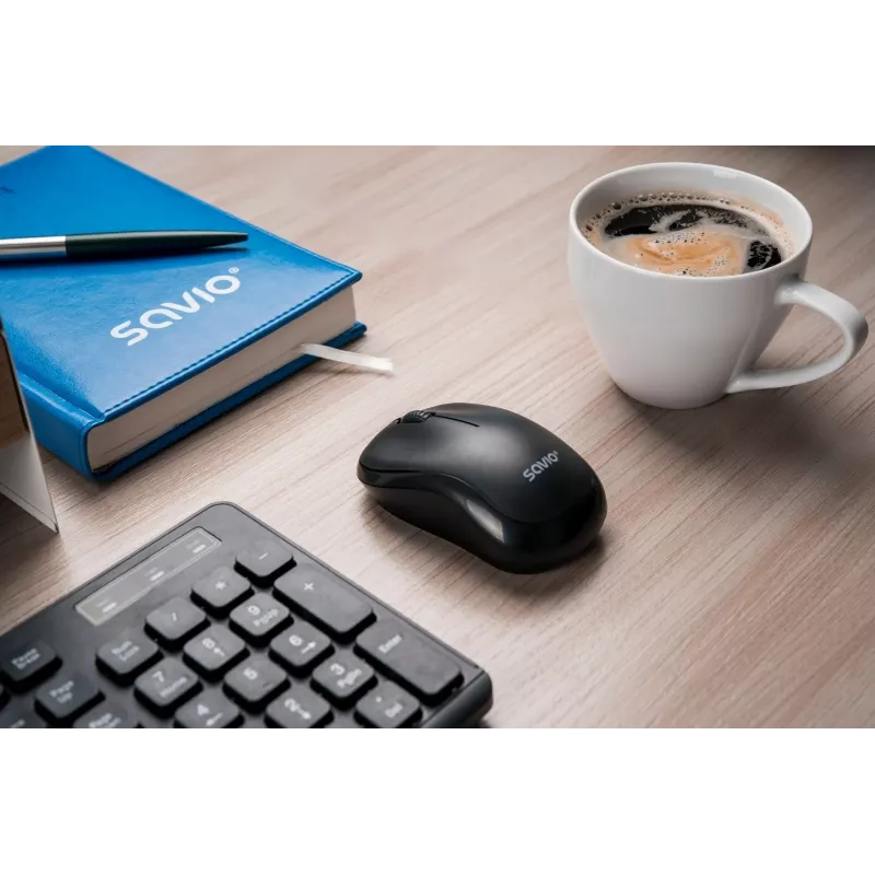 Savio MB-03 bezdrôtová optická myš, USB prijímač 2,4 GHz, 1000 DPI, 3 tlačidlá, batéria AA, 99x60x39 mm, 51 g, čierna