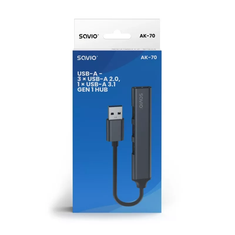 Savio AK-70 rozbočovač USB-A, 4 v 1: 3 x USB-A 2.0 + 1 x USB-A 3.1 Gen 1, 5 Gbps