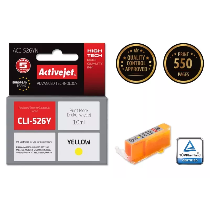 Activejet ACC-526YN tintová kazeta (náhrada za Canon CLI-526Y; Supreme; 10 ml; žltá)