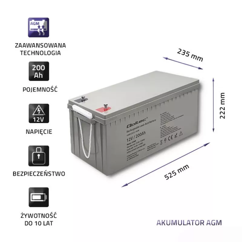 Nabíjateľná AGM batéria QOLTEC 53069 12V 200Ah pre záložné napájanie a UPS systémy
