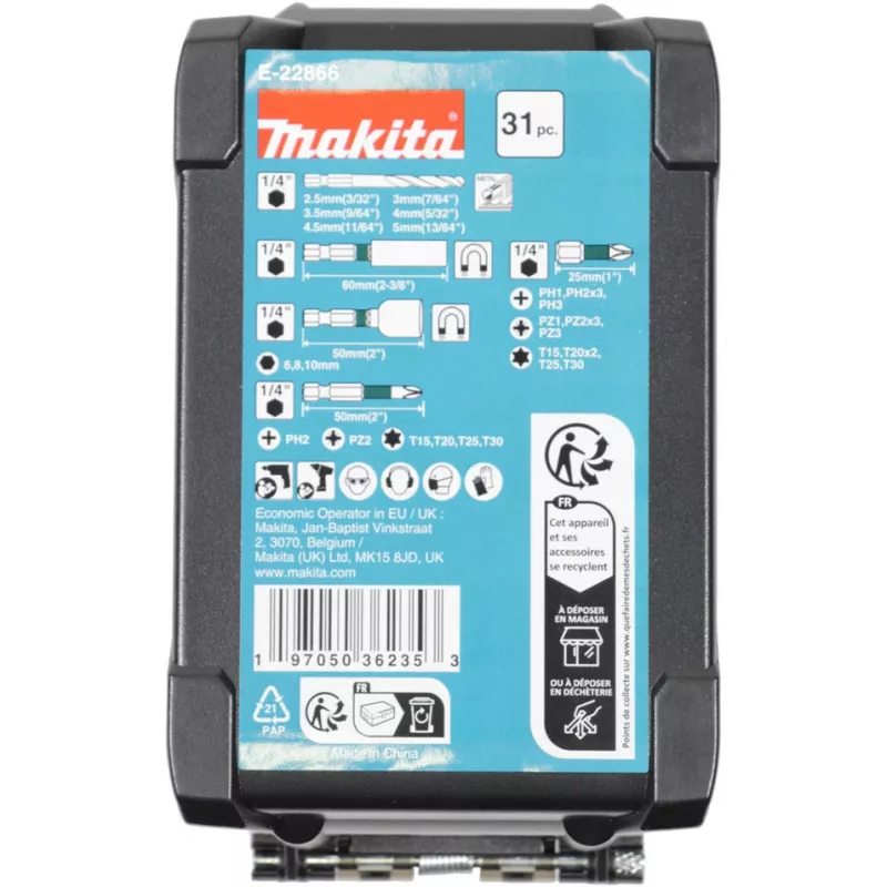 Sada vrtákov Makita E-22866 — 31-dielna, rôzne veľkosti na drevo, kov, murivo