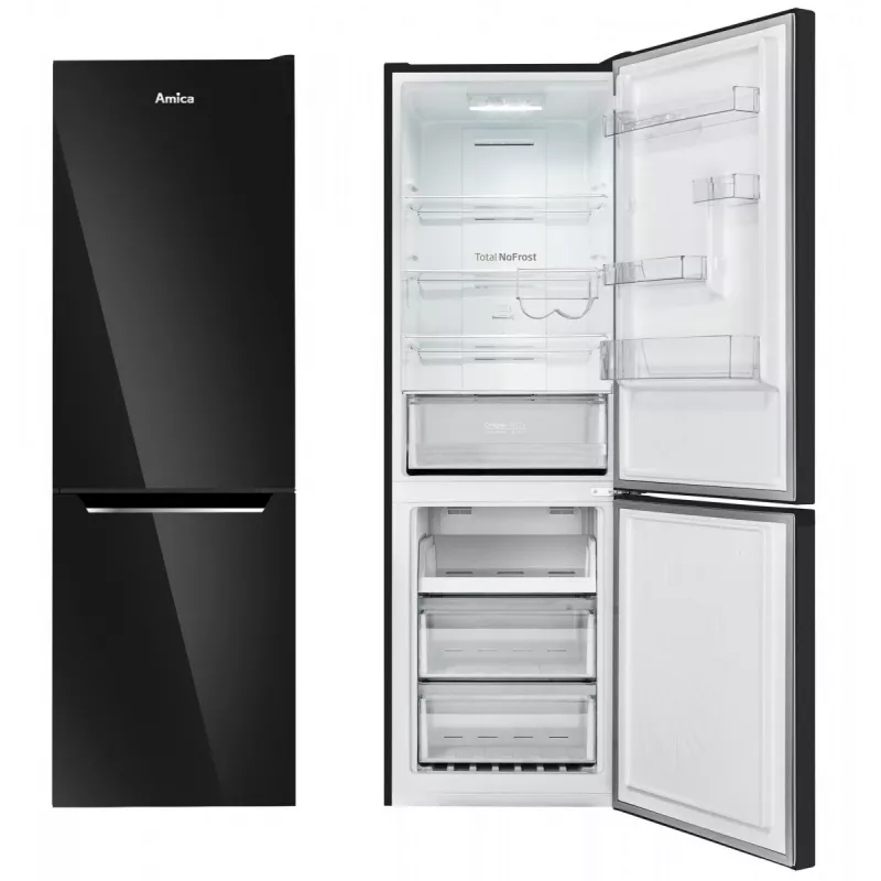 Amica FK3506D.2F(E) kombinovaná chladnička s mrazničkou, mraznička dole, 226 l chladnička + 96 l mraznička, Total No Frost, energetická trieda E, čierna