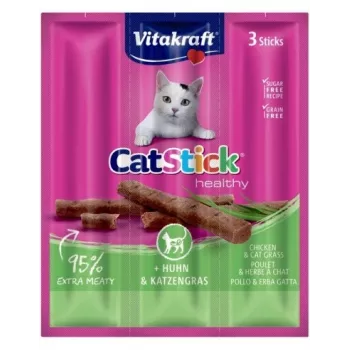 Vlhké maškrty pre mačky Vitakraft CatStick Mini kuracie s trávou, 3 ks — 18 g, mäsová kuracia príchuť, 28 % vlhkosti