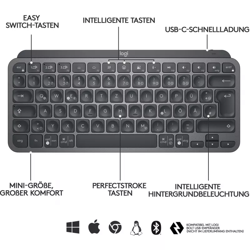 Logitech MX Keys Mini - klávesnica - podsvietená - Bluetooth - QWERTZ - švajčiarske rozloženie - graphite (920-010485)