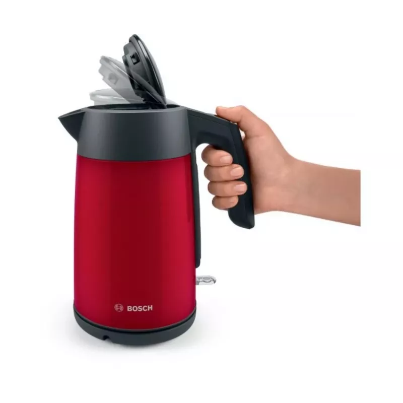 Elektrická kanvica Bosch TWK7L464 – objem 1,7 L, 2400 W, červená, plastové telo