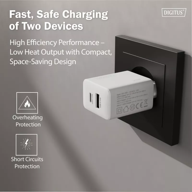 AC USB nabíjačka DIGITUS 20W, 1x USB-C, 1x USB-A, vstup 100–240V, biela