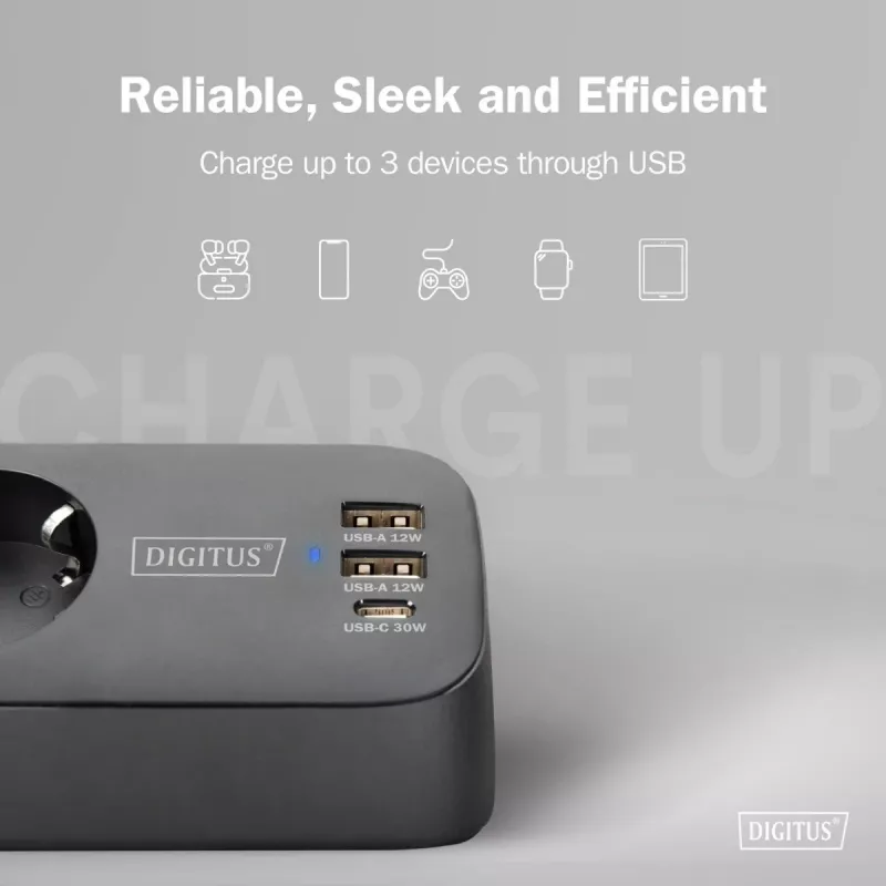 Predlžovacia zásuvka DIGITUS 3-násobná s 2×USB-A & 1×USB-C, 3 AC zásuvky Typ E/F, 1,5 m kábel, čierna