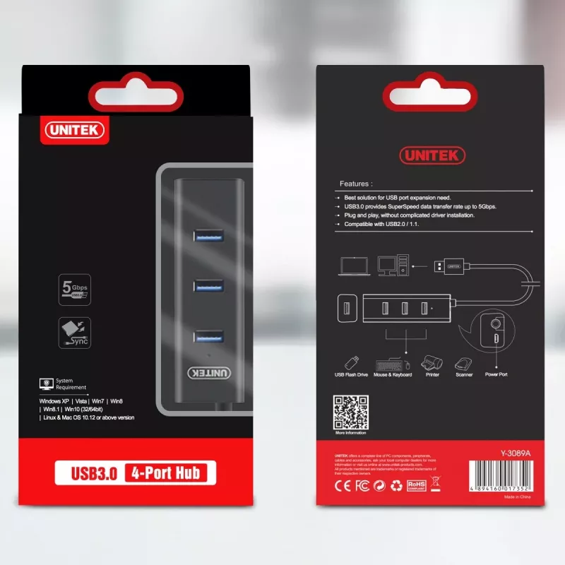 UNITEK Y-3089 rozhranie hub USB 3.2 Gen 1 (3.1 Gen 1) Type-A 5000 Mbit/s čierny