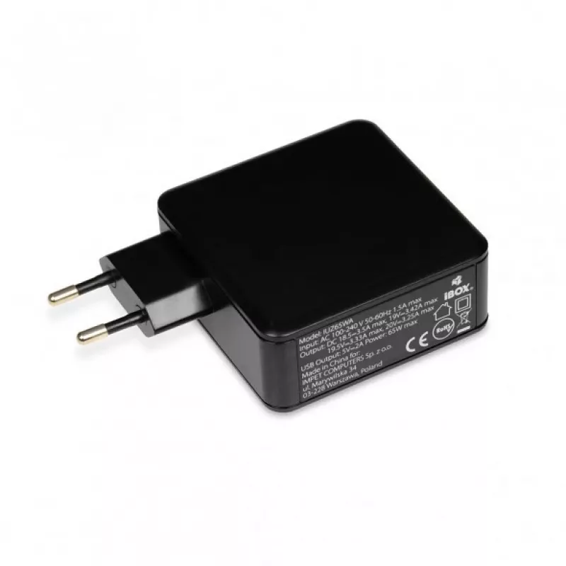 Napájací zdroj pre notebook IBOX IUZ65WA, AC/DC automaticky 100–240V → 18,5–20,5V, 65W, 1×USB, čierny