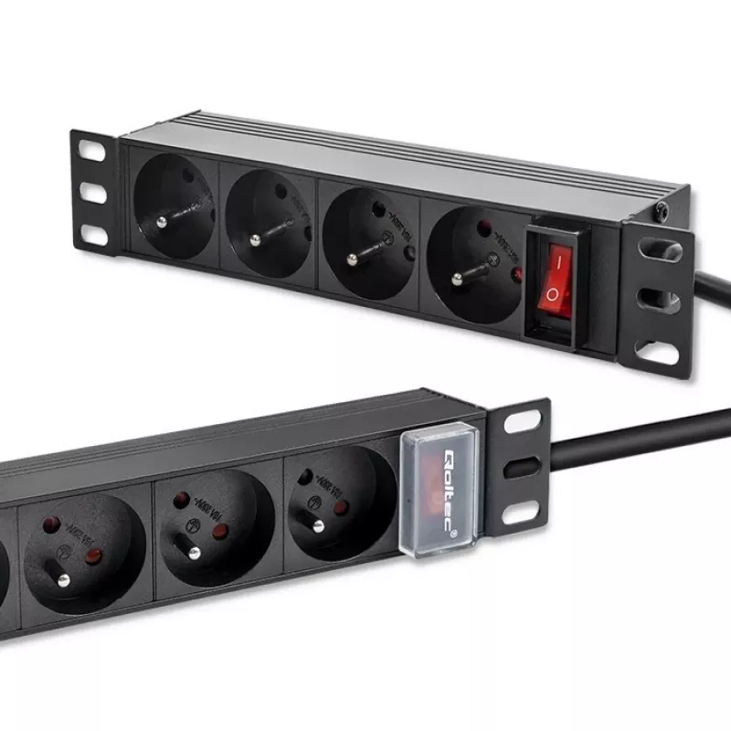 Qoltec hliníková PDU pre 10'' RACK | 1U | 16A | 4xFRENCH | 1,8m