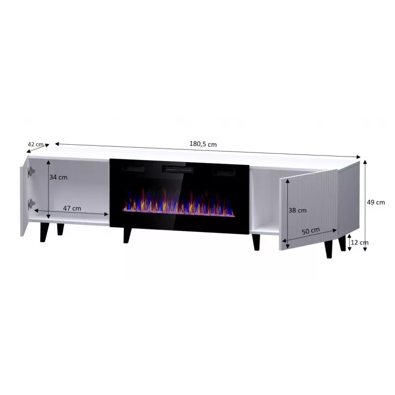 TV skriňa Cama Meble PAFOS EF s elektrickým krbom 180×42×49 cm, biela matná