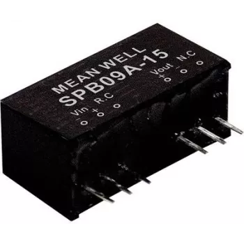 Napájací adaptér/invertor Mean Well SPB09C-15 — vstup 36–75 V, výstup 15 V, 9 W, RoHS, hĺbka 24 mm