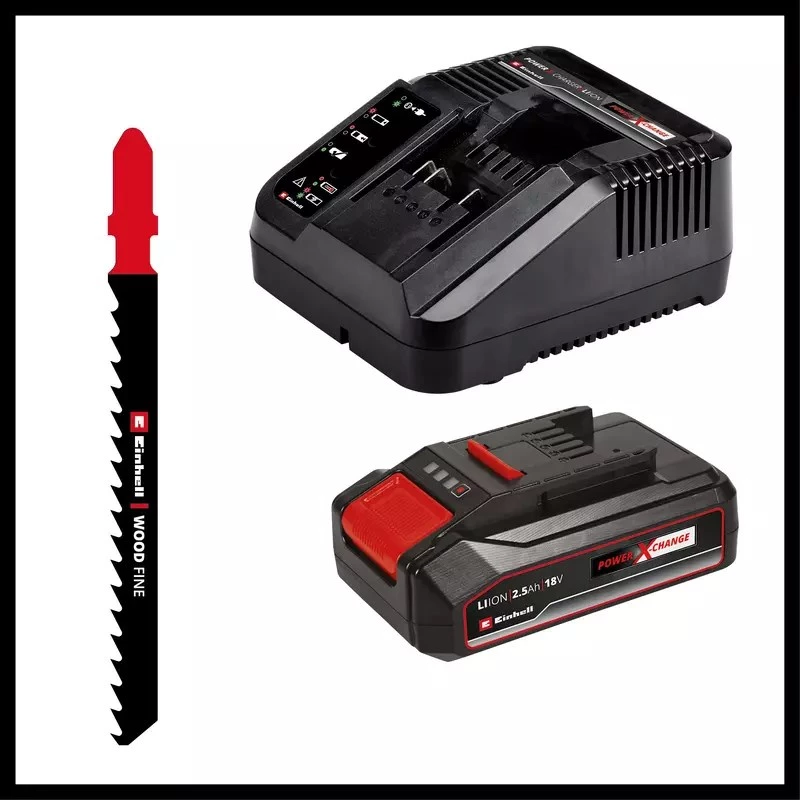 Einhell TC-JS 18/70 Li akumulátorová priamočiara píla 4321280, Power X-Change, 18 V, 2700 zdvihov/min, hĺbka rezu 70 mm, s akumulátorom 2,5 Ah a nabíjačkou, červeno-čierna