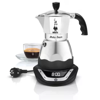 Elektrický moka kávovar BIALETTI 3 šálky Moka Timer, programovateľný LED displej, hliníkové puzdro, zásobník kanvice