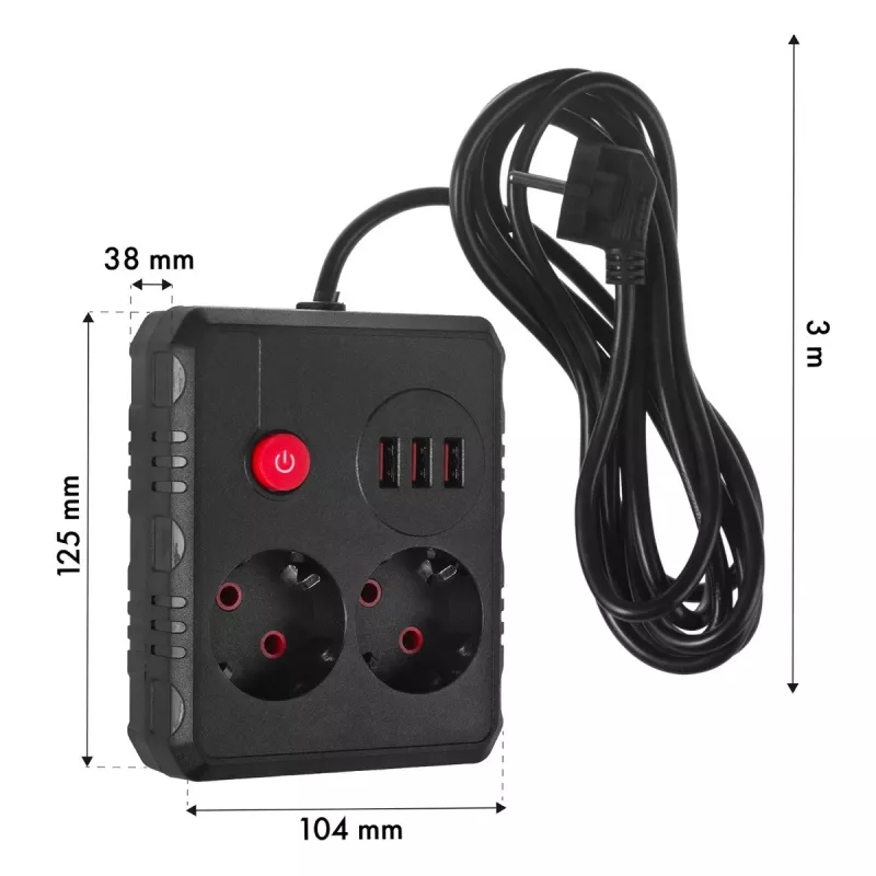 Predlžovací prívod Maclean MCE388 B, 2 zásuvky, 3x USB, 110-240 V, 2500 W, 3 m, čierny