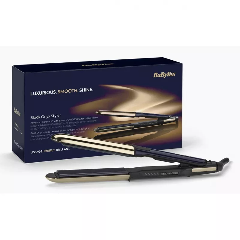Žehlička na vlasy BABYLISS ST484E — keramické platne, Warm technológia, 230 V, 3,3 m kábel, čierna/zlatá