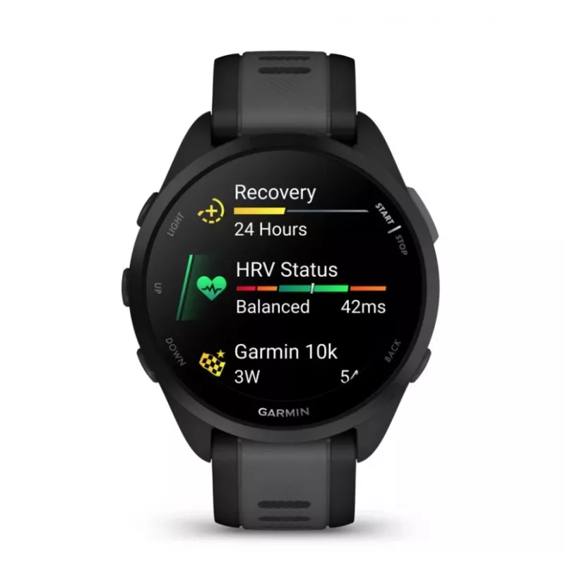 Inteligentné hodinky GPS Garmin Forerunner 165 43 mm, 1,2" AMOLED 390 x 390, dotyková obrazovka, 4 GB, silikónový remienok čierny/bridlicovo sivý