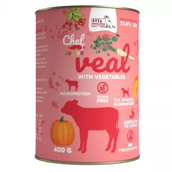 Mokré krmivo pre psov SYTA MICHA Chef teľacina so zeleninou Junior 400 g, kompletné krmivo, bielkoviny 12,6 %, vlhkosť 78,4 %