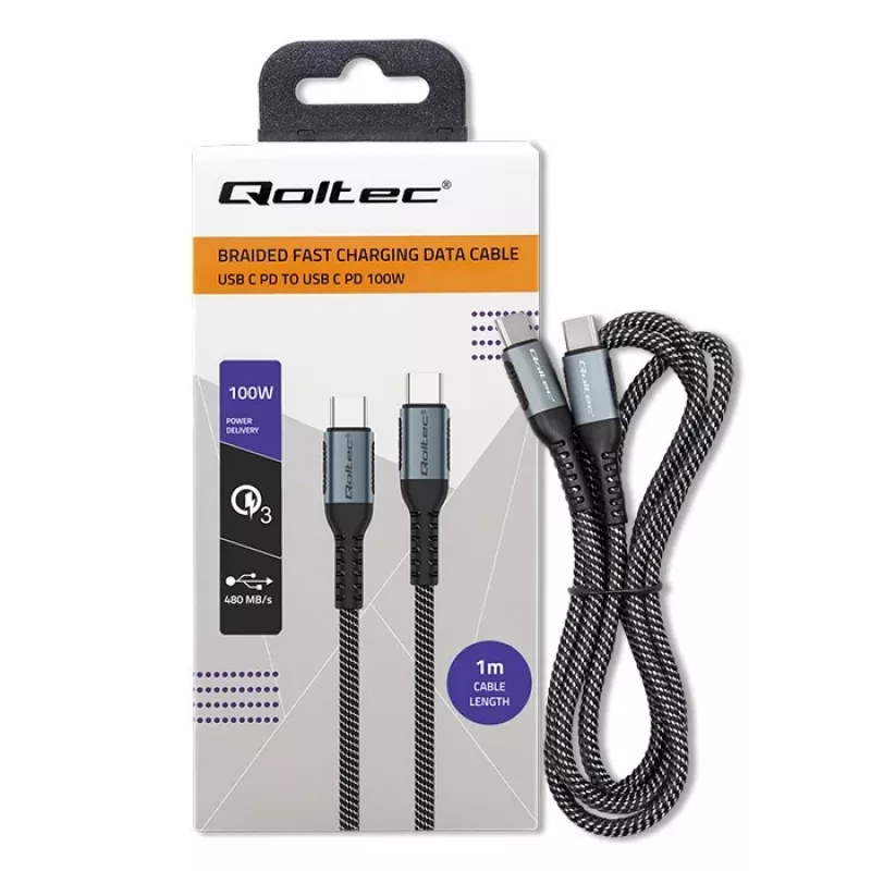 Qoltec kábel USB 2.0 Type-C na USB 2.0 Type-C 100W QC 3.0 PD 1m čierny