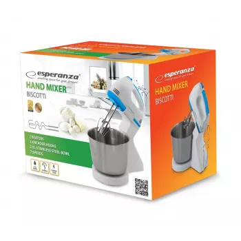 Stojanový mixér ESPERANZA EKM019WB — 150 W, misa 2,5 l, 7 rýchlostí, hnetacie háky, dvojité metly, biela