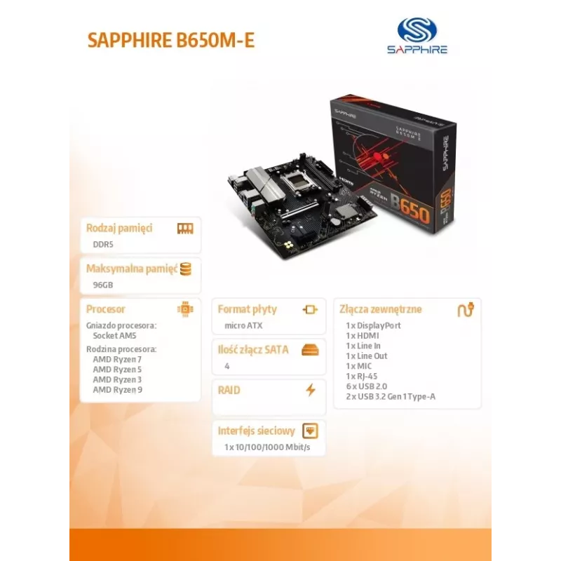 Základná doska Sapphire B650M-E (AMD B650) micro ATX, socket AM5, DDR5, 2x DIMM, 96GB, 2x M.2 (PCIe5/4), 4x SATA III, 2,5Gb LAN