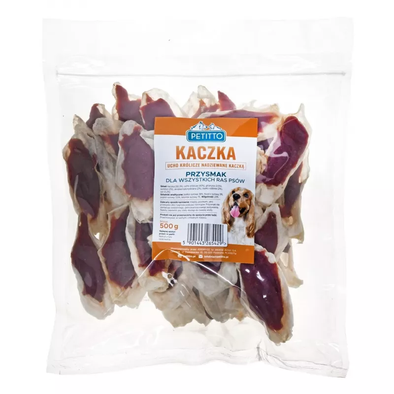 PETITTO Králičie ucho plnené kačacím mäsom maškrta pre psov, 500 g