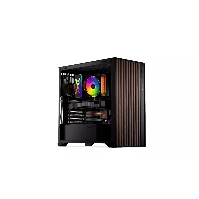 Počítačová skriňa KRUX Palum KRXD008 ATX čierna — 2x 3,5 inch pozície, 2x 2,5 inch pozície, 2x 120 mm ventilátor, GPU do 39,5 cm