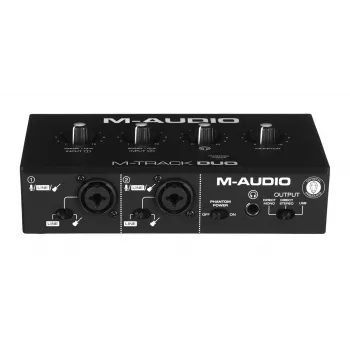 Audio rozhranie M-Audio M-Track Duo — USB 2-in/2-out, 16-bit/48 kHz, 1x XLR/TS-Combo, 1x inštrumentálny vstup, 48V fantómové napájanie