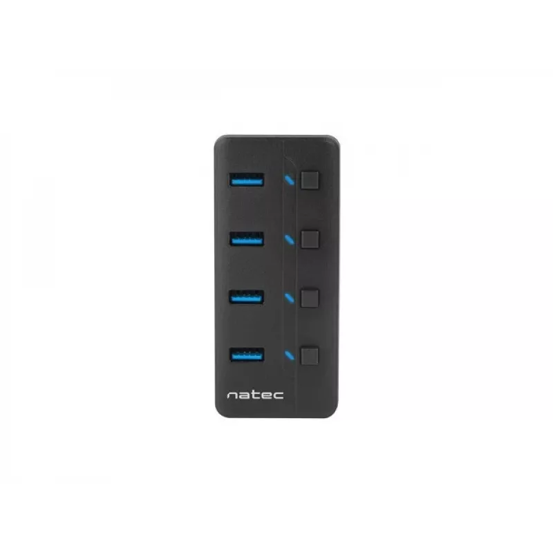 Natec Mantis 2 NHU-1557 4-portový rozbočovač USB 3.0, vstup USB Type-B, vypínače zapnúť/vypnúť, sieťový adaptér, čierny