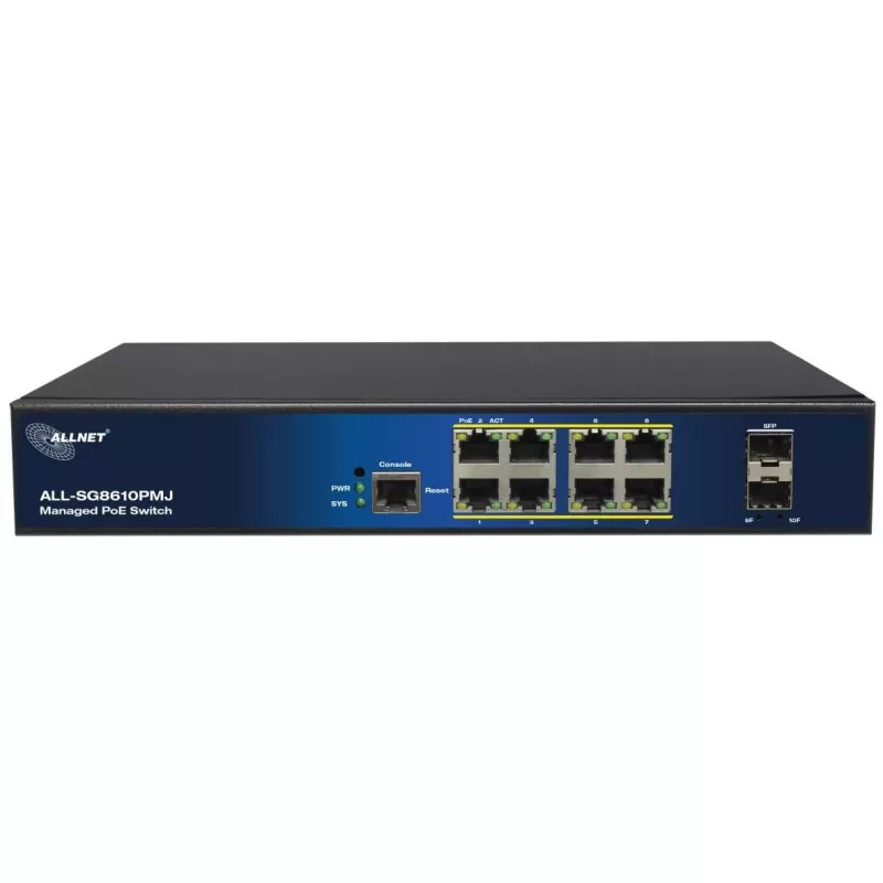 Managed 10-portový PoE switch ALLNET ALL-SG8610PMJ s 8 PoE+ portami a 2 uplink portami