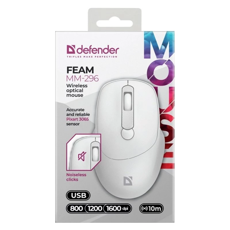 Defender Feam MM-296 52297 bezdrôtová myš, tiché klikanie, optická, 1600 DPI, USB, biela