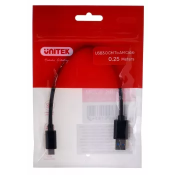 USB-C na USB-A kábel Unitek Y-C490BK 3.1 Gen1 (USB 3.0), 0,25 m, čierna, konektor samec na konektor samec