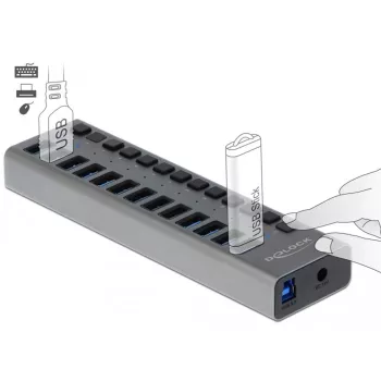 DeLOCK externý USB 5 Gbit/s hub s 13 portami + prepínač, USB 3.2 Gen 1 (3.1 Gen 1) Type-B, USB 3.2 Gen 1 (3.1 Gen 1) Type-A, 5000 Mbit/s, sivý, hliník, 1 m