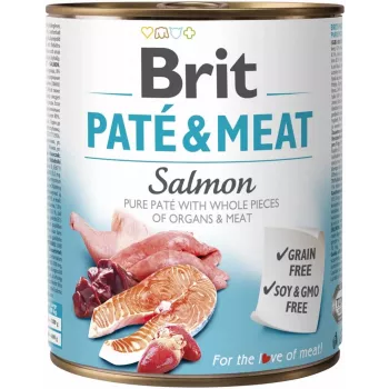 Mokré krmivo pre psy Brit Paté & Meat s lososom 800 g – kompletné konzervované krmivo pre dospelé psy, kuracia príchuť, bez obilnín, 75 % vlhkosti