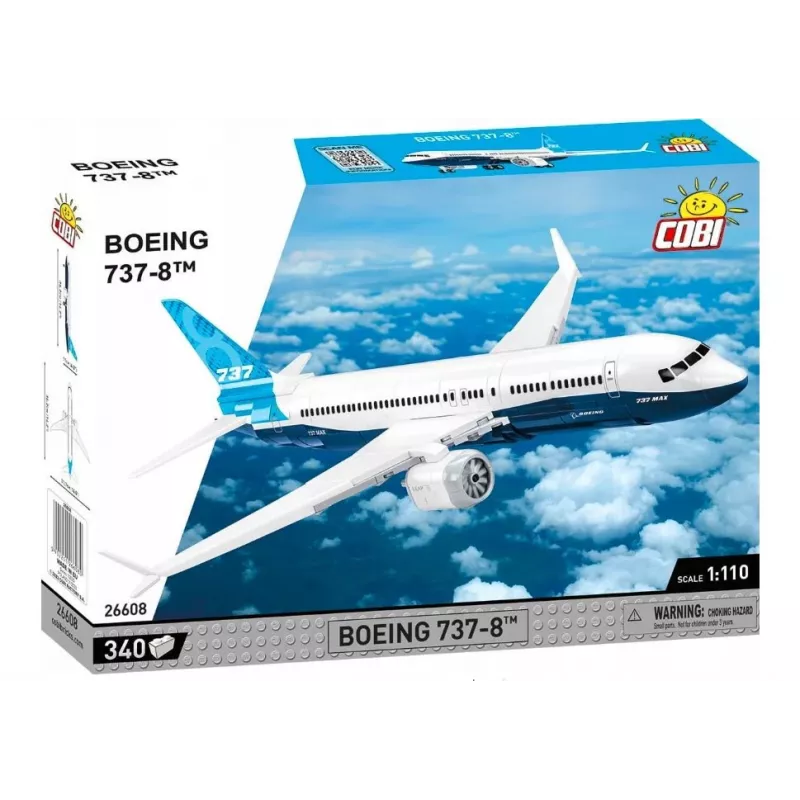 Stavebnica Cobi Boeing 737-8 — 340 dielov, odporúčaný vek 7+, modrá a biela