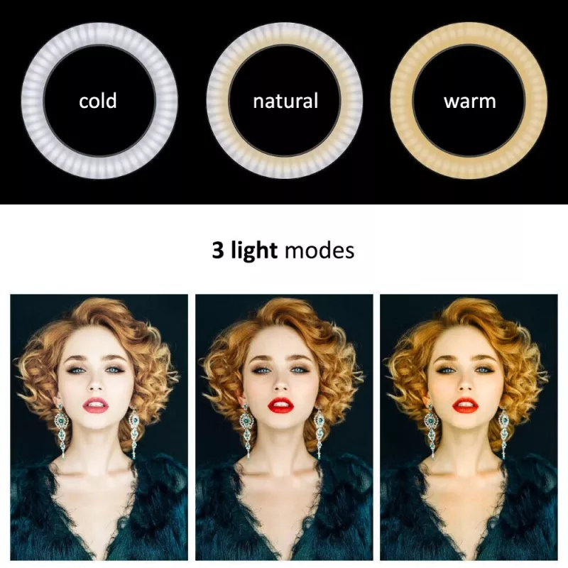 Maclean MCE610 10 12W LED Ring Light so statívom a Bluetooth spúšťou, 3 farby, 10 stupňov jasu, 10% -100% nastaviteľný jas, 160 LED, držiak na smartfón, osvetlenie