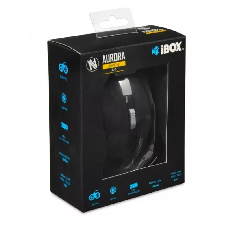 iBox Aurora A-1 IMOGS9031 drôtová optická herná myš, 2400 DPI, USB Type-A, RGB, pre pravákov, čierna