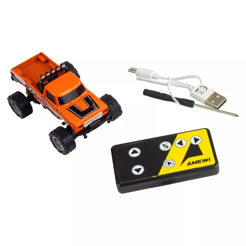 Rádiom ovládaný Monstertruck Amewi DieCast 1:64 RTR oranžová, kovové puzdro, Ready-to-Run